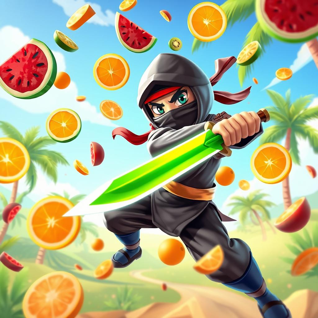 A dynamic and colorful scene inspired by the game Fruit Ninja, showcasing a vibrant array of sliced fruits like watermelons, oranges, and kiwis flying through the air, with a ninja character gracefully slicing through them with a vibrant katana