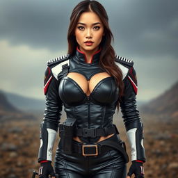 A front view, full-body portrait from knees up of an Asian female military starship trooper standing confidently on a battlefield