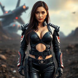 A front view, full-body portrait from knees up of an Asian female military starship trooper standing confidently on a battlefield