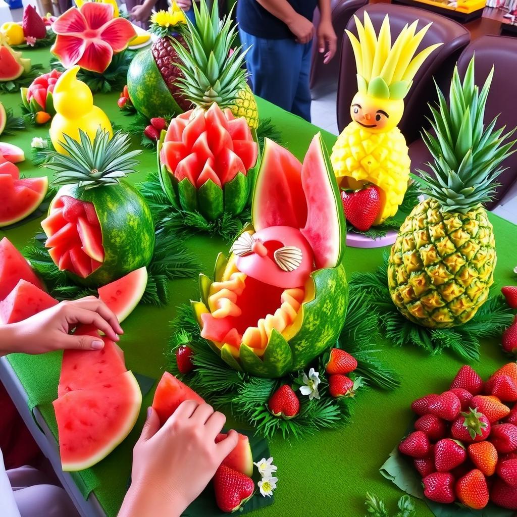 A vibrant and colorful display of fruit sculpture artistry, showcasing a variety of fruits like watermelon, pineapple, and strawberries intricately carved into beautiful shapes