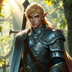 A male half-elf paladin with striking blonde hair and captivating green eyes, standing proudly with a massive greatsword strapped across his back