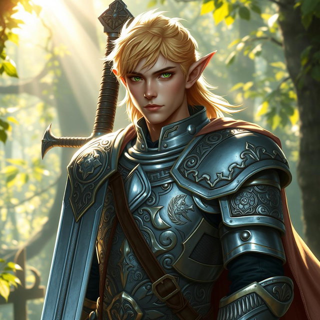 A male half-elf paladin with striking blonde hair and captivating green eyes, standing proudly with a massive greatsword strapped across his back