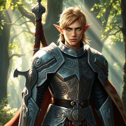 A male half-elf paladin with striking blonde hair and captivating green eyes, standing proudly with a massive greatsword strapped across his back