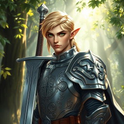 A male half-elf paladin with striking blonde hair and captivating green eyes, standing proudly with a massive greatsword strapped across his back