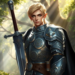 A male half-elf paladin with striking blonde hair and captivating green eyes, standing proudly with a massive greatsword strapped across his back
