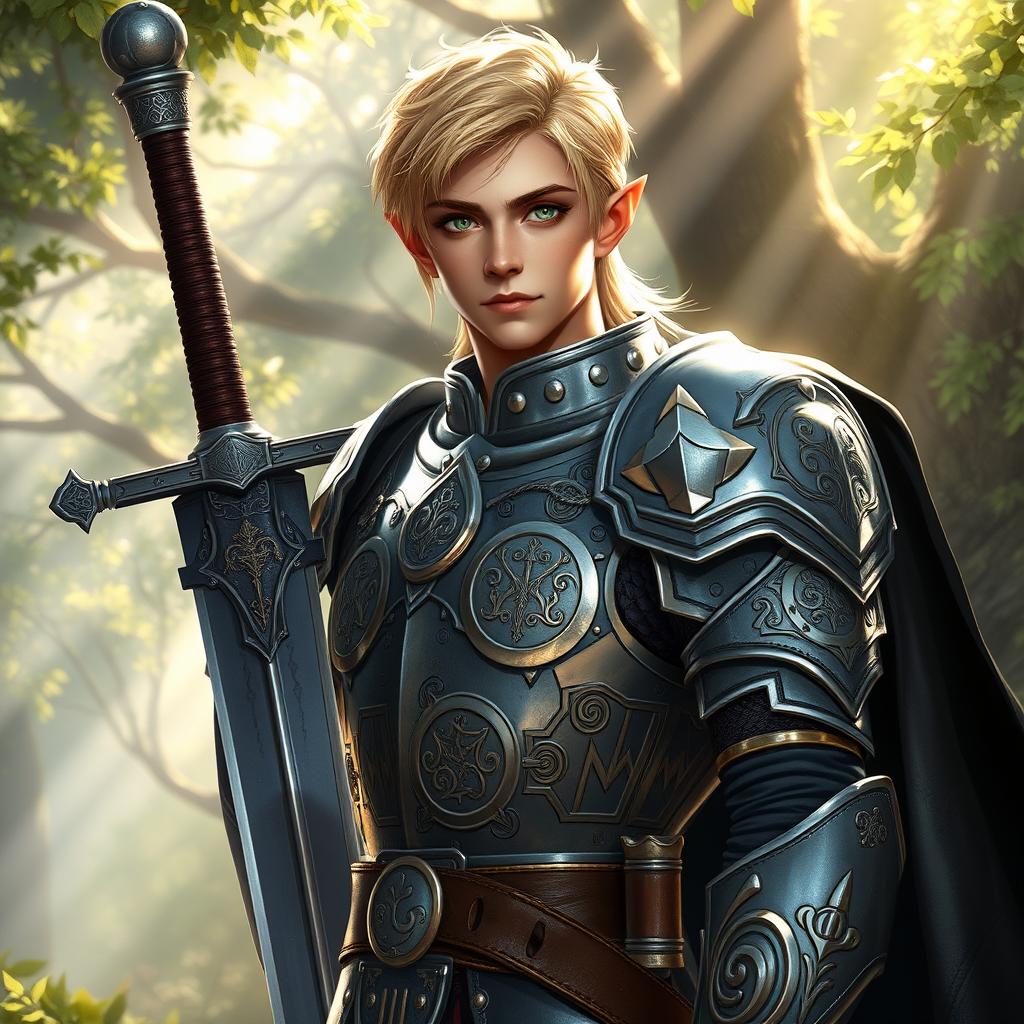 A male half-elf paladin with striking blonde hair and captivating green eyes, standing proudly with a massive greatsword strapped across his back