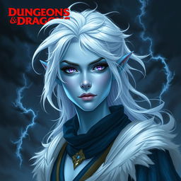 In the style of Dungeons and Dragons character art, depict Maeve as a striking figure with light blue skin and elegant elven ears