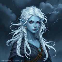 In the style of Dungeons and Dragons character art, depict Maeve as a striking figure with light blue skin and elegant elven ears