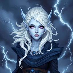 In the style of Dungeons and Dragons character art, depict Maeve as a striking figure with light blue skin and elegant elven ears