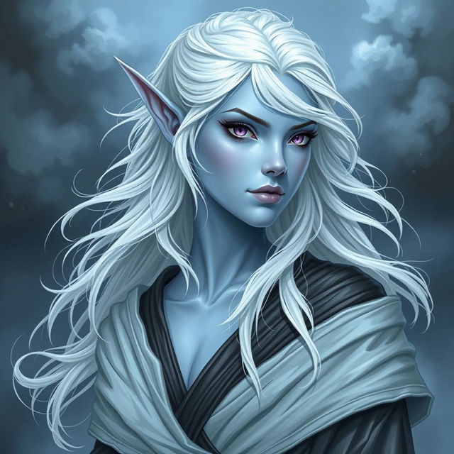 In the style of Dungeons and Dragons character art, depict Maeve as a striking figure with light blue skin and elegant elven ears