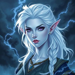In the style of Dungeons and Dragons character art, portray Maeve as a striking figure with light blue skin and elegant elven ears