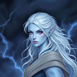 In the style of Dungeons and Dragons character art, portray Maeve as a striking figure with light blue skin and elegant elven ears