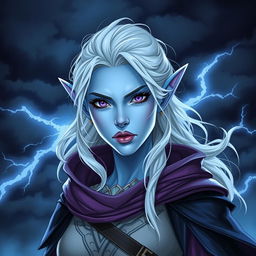 In the style of Dungeons and Dragons character art, portray Maeve as a striking figure with light blue skin and elegant elven ears