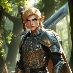 A male half-elf paladin featuring striking blonde hair and mesmerizing green eyes, standing proudly with a large greatsword slung across his back