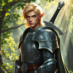 A male half-elf paladin featuring striking blonde hair and mesmerizing green eyes, standing proudly with a large greatsword slung across his back