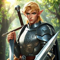 A male half-elf paladin featuring striking blonde hair and mesmerizing green eyes, standing proudly with a large greatsword slung across his back