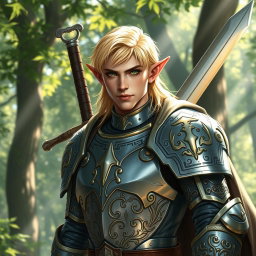 A male half-elf paladin featuring striking blonde hair and mesmerizing green eyes, standing proudly with a large greatsword slung across his back