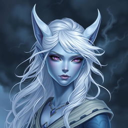 In the style of Dungeons and Dragons character art, depict Maeve as a striking figure with light blue skin and elegant elven ears
