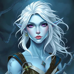 In the style of Dungeons and Dragons character art, depict Maeve as a striking figure with light blue skin and elegant elven ears
