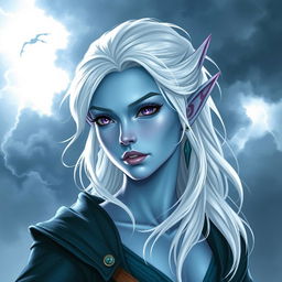 In the style of Dungeons and Dragons character art, depict Maeve as a striking figure with light blue skin and elegant elven ears