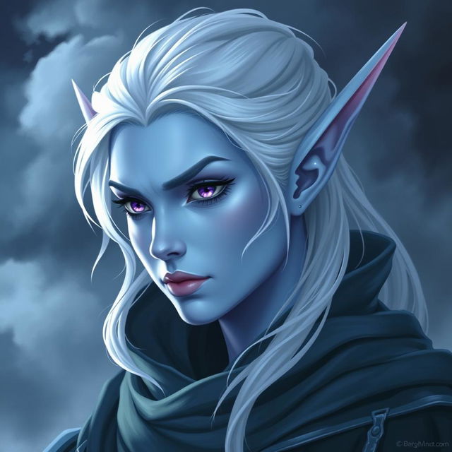 In the style of Dungeons and Dragons character art, depict Maeve as a striking figure with light blue skin and elegant elven ears