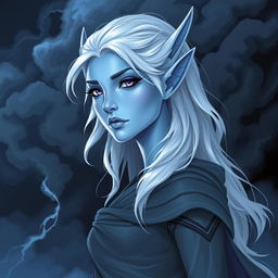 In the style of Dungeons and Dragons character art, illustrate Maeve as a striking figure with light blue skin and graceful elven ears
