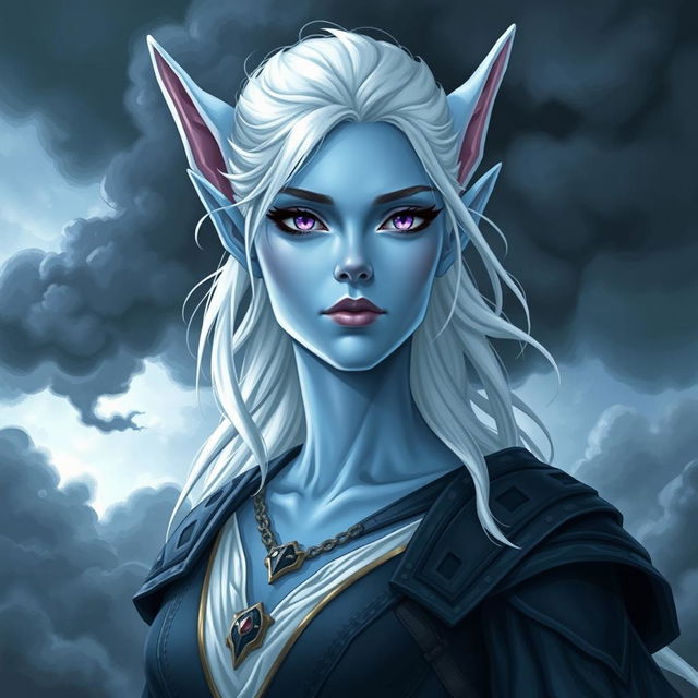 In the style of Dungeons and Dragons character art, illustrate Maeve as a striking figure with light blue skin and graceful elven ears