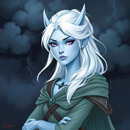 In the style of Dungeons and Dragons character art, illustrate Maeve as a striking figure with light blue skin and graceful elven ears