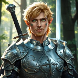 A male half-elf paladin showcasing striking blonde hair and captivating green eyes, adorned with a well-groomed goatee
