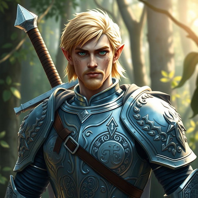 A male half-elf paladin showcasing striking blonde hair and captivating green eyes, adorned with a well-groomed goatee