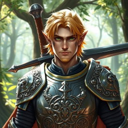 A male half-elf paladin showcasing striking blonde hair and captivating green eyes, adorned with a well-groomed goatee