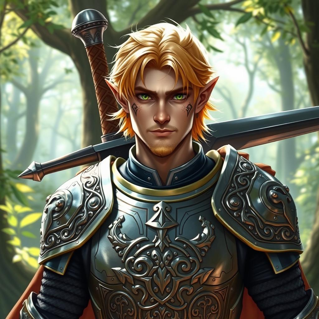 A male half-elf paladin showcasing striking blonde hair and captivating green eyes, adorned with a well-groomed goatee