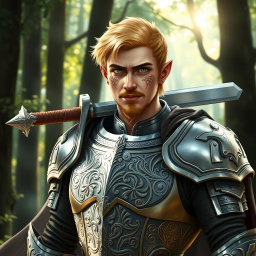 A male half-elf paladin showcasing striking blonde hair and captivating green eyes, adorned with a well-groomed goatee