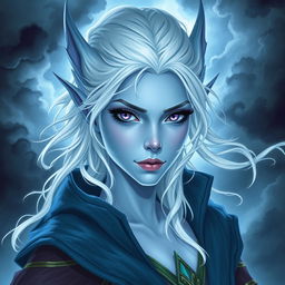 In the style of Dungeons and Dragons character art, depict Maeve as a striking figure with light blue skin and elegant elven ears