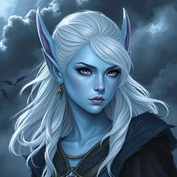 In the style of Dungeons and Dragons character art, depict Maeve as a striking figure with light blue skin and elegant elven ears