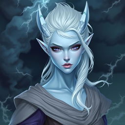 In the style of Dungeons and Dragons character art, depict Maeve as a striking figure with light blue skin and elegant elven ears
