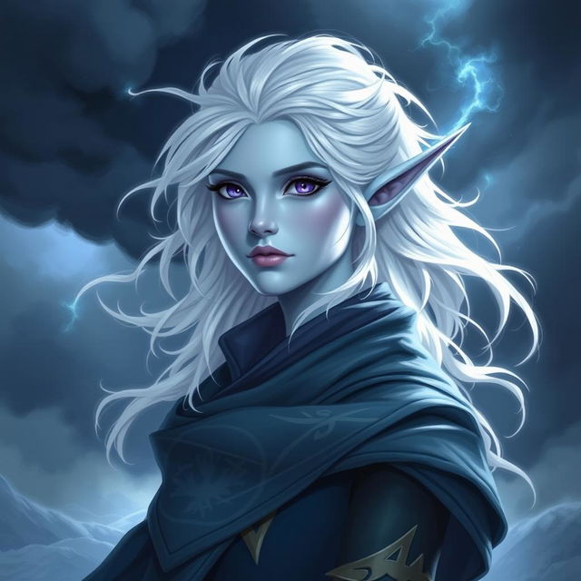 In the style of Dungeons and Dragons character art, depict Maeve as a striking figure with light blue skin and elegant elven ears