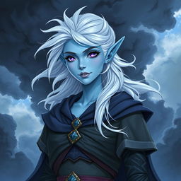 In the style of Dungeons and Dragons character art, illustrate Maeve as a striking figure featuring light blue skin, elegantly pointed elven ears, and white hair that floats faintly as if caught in an invisible breeze