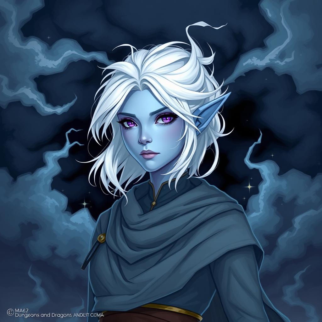 In the style of Dungeons and Dragons character art, illustrate Maeve as a striking figure featuring light blue skin, elegantly pointed elven ears, and white hair that floats faintly as if caught in an invisible breeze