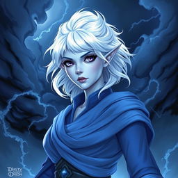 In the style of Dungeons and Dragons character art, illustrate Maeve as a striking figure featuring light blue skin, elegantly pointed elven ears, and white hair that floats faintly as if caught in an invisible breeze