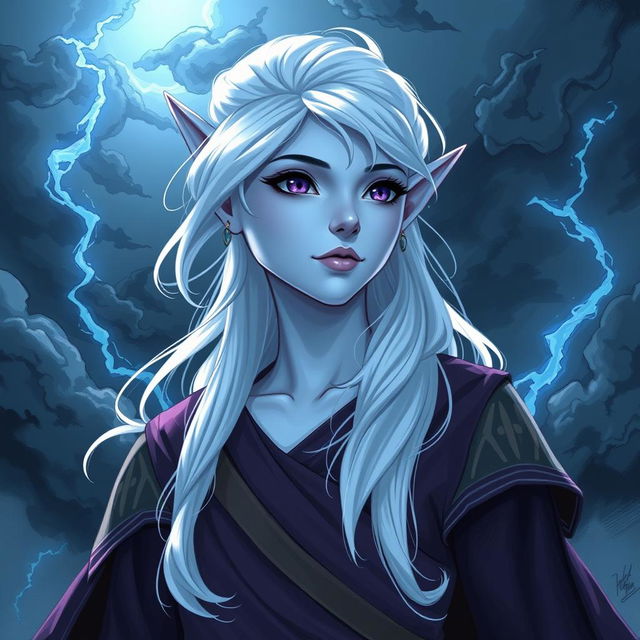 In the style of Dungeons and Dragons character art, illustrate Maeve as a striking figure featuring light blue skin, elegantly pointed elven ears, and white hair that floats faintly as if caught in an invisible breeze