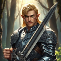 A male half-elf paladin with striking blonde hair and mesmerizing green eyes, confidently holding a magnificent greatsword in his right hand