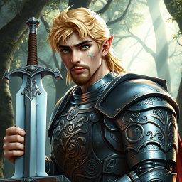 A male half-elf paladin with striking blonde hair and mesmerizing green eyes, confidently holding a magnificent greatsword in his right hand