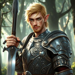 A male half-elf paladin with striking blonde hair and mesmerizing green eyes, confidently holding a magnificent greatsword in his right hand