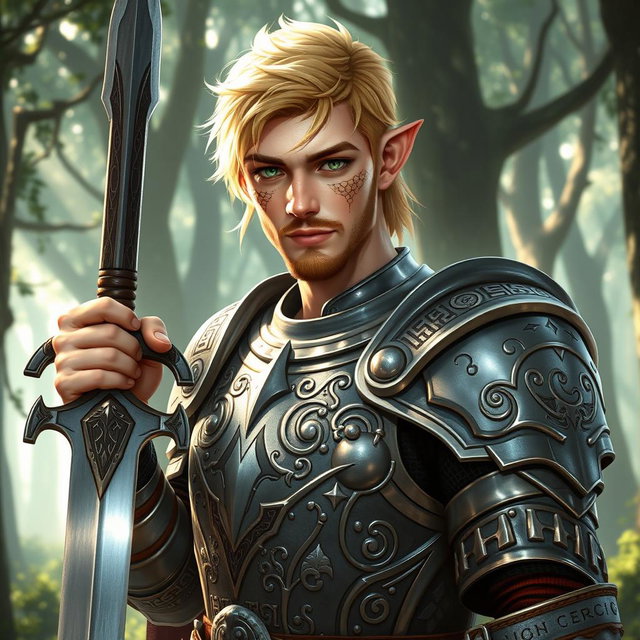 A male half-elf paladin with striking blonde hair and mesmerizing green eyes, confidently holding a magnificent greatsword in his right hand