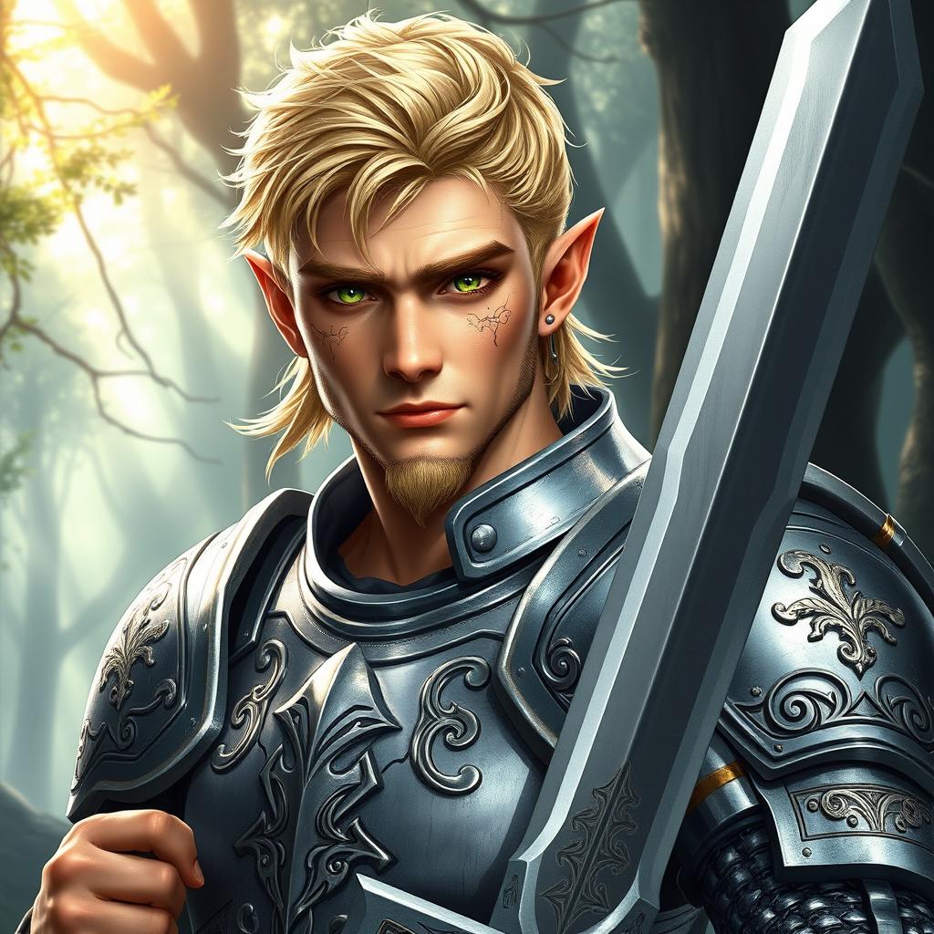 A male half-elf paladin with striking blonde hair and mesmerizing green eyes, confidently holding a magnificent greatsword in his right hand