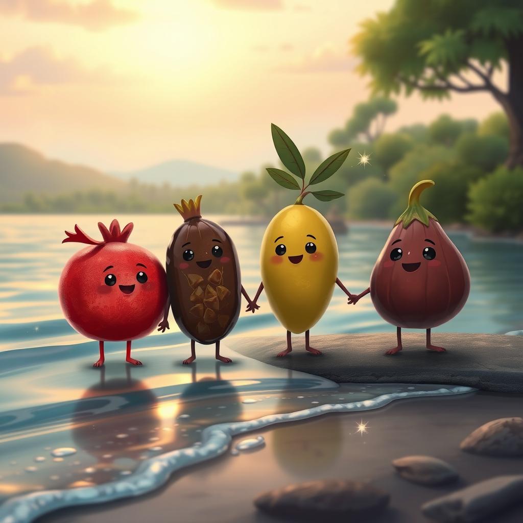 A dreamlike scene featuring a grenade (pomegranate), a date, an olive, a grape, and a fig, all anthropomorphized with charming expressions, standing hand in hand by the water's edge