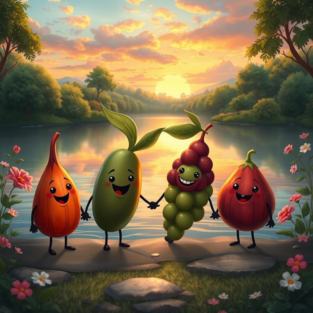A whimsical scene featuring a grenade, a date, an olive, a grape, and a fig, all anthropomorphized and holding hands at the water's edge