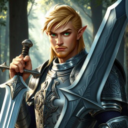 A male half-elf paladin with striking blonde hair and captivating green eyes, confidently wielding a magnificent greatsword in his right hand