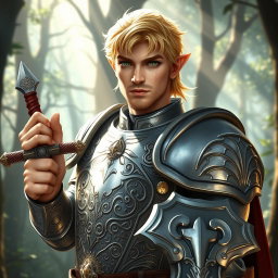 A male half-elf paladin with striking blonde hair and captivating green eyes, confidently wielding a magnificent greatsword in his right hand